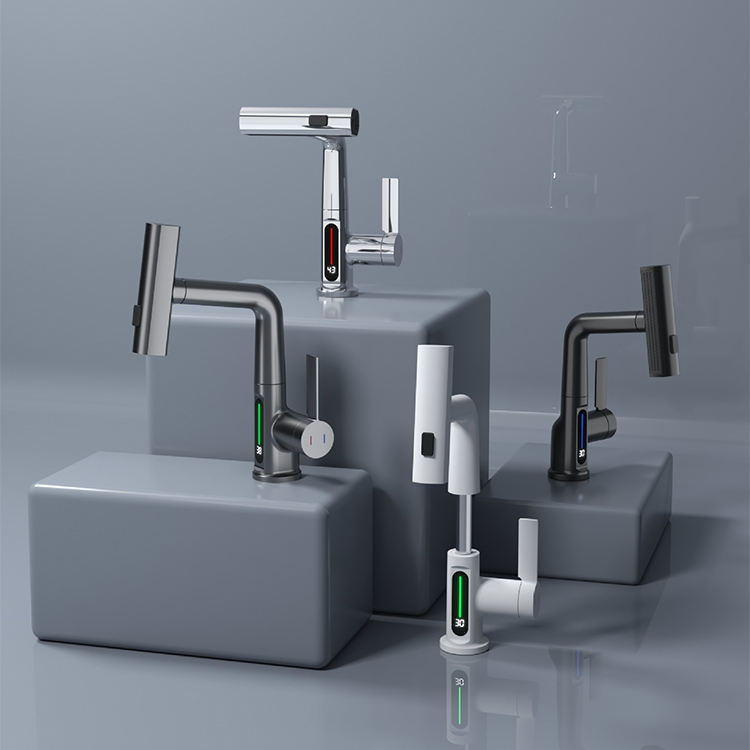Bathroom White Deck Mounted Single Hole Digital Display Waterfall Pull Out Lifting Basin Faucet