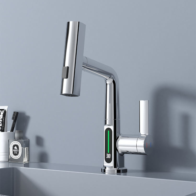 Bathroom White Deck Mounted Single Hole Digital Display Waterfall Pull Out Lifting Basin Faucet